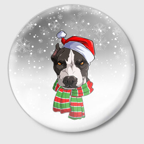 Значок с принтом Новогодний Питбуль   New Years Pit bull в городе Новоалтайск,  металл | круглая форма, металлическая застежка в виде булавки | christmas | dog | pit bull | santa | дед мороз | зима | новый год | питбуль | рождество | санта | снег | снежинка | собака | собачка | щенок