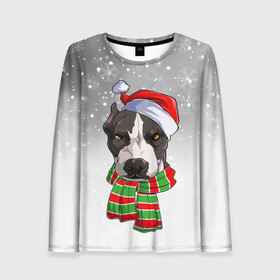 Женский лонгслив 3D с принтом Новогодний Питбуль   New Years Pit bull в городе Новоалтайск, 100% полиэстер | длинные рукава, круглый вырез горловины, полуприлегающий силуэт | christmas | dog | pit bull | santa | дед мороз | зима | новый год | питбуль | рождество | санта | снег | снежинка | собака | собачка | щенок