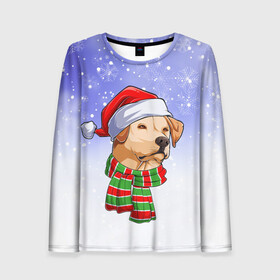 Женский лонгслив 3D с принтом Новогодний Лабрадор   New Years Labrador в городе Новоалтайск, 100% полиэстер | длинные рукава, круглый вырез горловины, полуприлегающий силуэт | christmas | dog | labrador | retriever | santa | дед мороз | зима | лабрадор | новый год | ретривер | рождество | санта | снег | снежинка | собака | собачка | щенок