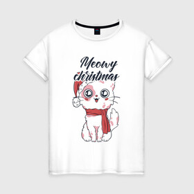 Женская футболка хлопок с принтом Christmas Cat в городе Новоалтайск, 100% хлопок | прямой крой, круглый вырез горловины, длина до линии бедер, слегка спущенное плечо | art | cat | christmas | holiday | new year | арт | кот | котик | кошка | новый год | праздник | рождество