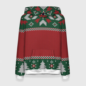Женская толстовка 3D с принтом Knitted Christmas Pattern в городе Новоалтайск, 100% полиэстер  | двухслойный капюшон со шнурком для регулировки, мягкие манжеты на рукавах и по низу толстовки, спереди карман-кенгуру с мягким внутренним слоем. | background | christmas | holiday | knitted | knitted pattern | pattern | trees | winter | вязаный | вязаный узор | елки | зима | праздник | рождество | узор | фон