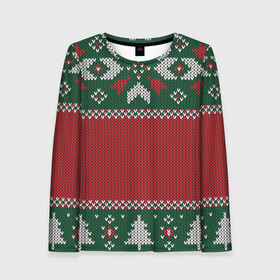 Женский лонгслив 3D с принтом Knitted Christmas Pattern в городе Новоалтайск, 100% полиэстер | длинные рукава, круглый вырез горловины, полуприлегающий силуэт | background | christmas | holiday | knitted | knitted pattern | pattern | trees | winter | вязаный | вязаный узор | елки | зима | праздник | рождество | узор | фон