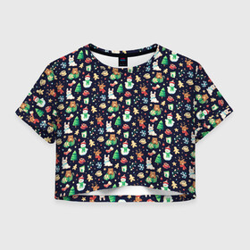 Женская футболка Crop-top 3D с принтом Christmas Holiday в городе Новоалтайск, 100% полиэстер | круглая горловина, длина футболки до линии талии, рукава с отворотами | background | bear | christmas | cookies | deer | garland | gifts | hare | new year | rabbit | snowflakes | snowman | stars | texture | гирлянда | заяц | звезды | кролик | медведь | мишка | новый год | олени | печенье | подарки | рождество | снеговик | сне