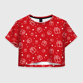 Женская футболка Crop-top 3D с принтом Новогодние подарки на красном фоне в городе Новоалтайск, 100% полиэстер | круглая горловина, длина футболки до линии талии, рукава с отворотами | 2021 | 2022 | christmas | merry | merry christmas | new year | snow | sweater | ugly christmas | winter | year of the tiger | год тигра | зима | новогодний | новогодняя | новый год | рождественский | рождественский свитер | рождество | свитер | 