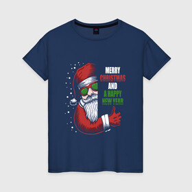 Женская футболка хлопок с принтом Merry Christmas and Happy New Year в городе Новоалтайск, 100% хлопок | прямой крой, круглый вырез горловины, длина до линии бедер, слегка спущенное плечо | christmas | drawing | holiday | like | merry christmas | new year | santa | santa claus | арт | лайк | новый год | праздник | рисунок | рождество | санта | санта клаус