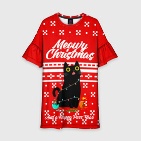 Детское платье 3D с принтом MEOW | CHRISTMAS в городе Новоалтайск, 100% полиэстер | прямой силуэт, чуть расширенный к низу. Круглая горловина, на рукавах — воланы | 2020 | 2021 | 2022 | christmas | meow | meowy christmas | merry | кот | леденец | мяу | нг | новогодний | новый год | олени | рождество | свитер | узоры