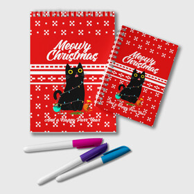 Блокнот с принтом MEOW | CHRISTMAS в городе Новоалтайск, 100% бумага | 48 листов, плотность листов — 60 г/м2, плотность картонной обложки — 250 г/м2. Листы скреплены удобной пружинной спиралью. Цвет линий — светло-серый
 | 2020 | 2021 | 2022 | christmas | meow | meowy christmas | merry | кот | леденец | мяу | нг | новогодний | новый год | олени | рождество | свитер | узоры