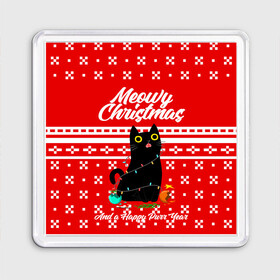 Магнит 55*55 с принтом MEOW | CHRISTMAS в городе Новоалтайск, Пластик | Размер: 65*65 мм; Размер печати: 55*55 мм | 2020 | 2021 | 2022 | christmas | meow | meowy christmas | merry | кот | леденец | мяу | нг | новогодний | новый год | олени | рождество | свитер | узоры