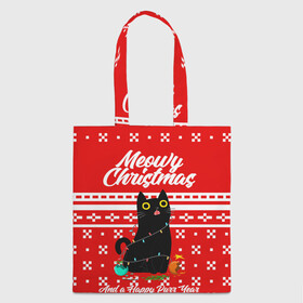 Шоппер 3D с принтом MEOW | CHRISTMAS в городе Новоалтайск, 100% полиэстер | Плотность: 200 г/м2; Размер: 34×35 см; Высота лямок: 30 см | 2020 | 2021 | 2022 | christmas | meow | meowy christmas | merry | кот | леденец | мяу | нг | новогодний | новый год | олени | рождество | свитер | узоры