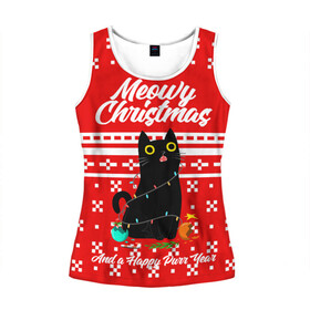 Женская майка 3D с принтом MEOW | CHRISTMAS в городе Новоалтайск, 100% полиэстер | круглая горловина, прямой силуэт, длина до линии бедра | 2020 | 2021 | 2022 | christmas | meow | meowy christmas | merry | кот | леденец | мяу | нг | новогодний | новый год | олени | рождество | свитер | узоры