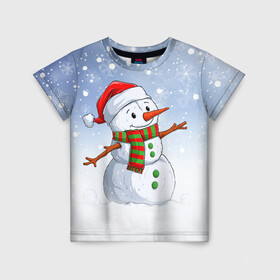 Детская футболка 3D с принтом Веселый Снеговик   Happy Snowman в городе Новоалтайск, 100% гипоаллергенный полиэфир | прямой крой, круглый вырез горловины, длина до линии бедер, чуть спущенное плечо, ткань немного тянется | Тематика изображения на принте: christmas | santa | snowman | дед мороз | елка | зима | новый год | рождество | санта | снег | снеговик | снегурочка | снежинка