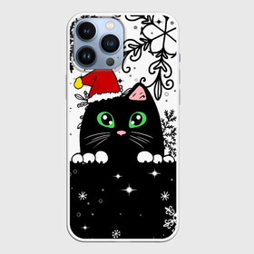 Чехол для iPhone 13 Pro Max с принтом Новогодний кот в колпаке Санты в городе Новоалтайск,  |  | black cat | cat | christmas | kitten | kitty | merry christmas | new year | new year cat | santa | snow | snowflakes | winter | зима | киска | колпак | кот | котенок | кошак | новогодний кот | новый год | подарок | рождество | санта | снег 