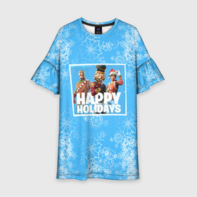 Детское платье 3D с принтом Happy holidays Fortnite в городе Новоалтайск, 100% полиэстер | прямой силуэт, чуть расширенный к низу. Круглая горловина, на рукавах — воланы | Тематика изображения на принте: игра | персонажи | снег | снежинки | фото