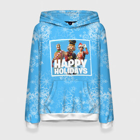 Женская толстовка 3D с принтом Happy holidays Fortnite в городе Новоалтайск, 100% полиэстер  | двухслойный капюшон со шнурком для регулировки, мягкие манжеты на рукавах и по низу толстовки, спереди карман-кенгуру с мягким внутренним слоем. | игра | персонажи | снег | снежинки | фото