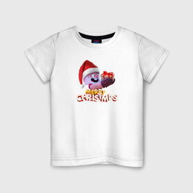 Детская футболка хлопок с принтом Merry christmas Brawl Stars. в городе Новоалтайск, 100% хлопок | круглый вырез горловины, полуприлегающий силуэт, длина до линии бедер | дед | коробка | надпись | персонаж | подарок | шапка