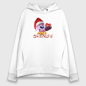 Женское худи Oversize хлопок с принтом Merry christmas Brawl Stars. в городе Новоалтайск, френч-терри — 70% хлопок, 30% полиэстер. Мягкий теплый начес внутри —100% хлопок | боковые карманы, эластичные манжеты и нижняя кромка, капюшон на магнитной кнопке | дед | коробка | надпись | персонаж | подарок | шапка