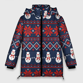 Женская зимняя куртка Oversize с принтом Christmas Background в городе Новоалтайск, верх — 100% полиэстер; подкладка — 100% полиэстер; утеплитель — 100% полиэстер | длина ниже бедра, силуэт Оверсайз. Есть воротник-стойка, отстегивающийся капюшон и ветрозащитная планка. 

Боковые карманы с листочкой на кнопках и внутренний карман на молнии | background | christmas | holiday | knitted pattern | new year | pattern | snowman | вязаный узор | новый год | праздник | рождество | снеговик | узор | фон