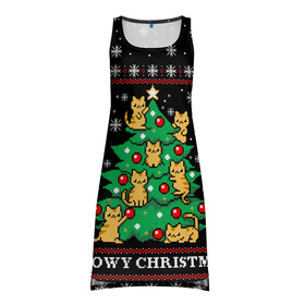 Платье-майка 3D с принтом MEOWY CHRISTMAS | 2022 в городе Новоалтайск, 100% полиэстер | полуприлегающий силуэт, широкие бретели, круглый вырез горловины, удлиненный подол сзади. | 2020 | 2021 | 2022 | christmas | meow | meowy christmas | merry | кот | леденец | мяу | нг | новогодний | новый год | олени | рождество | свитер | узоры