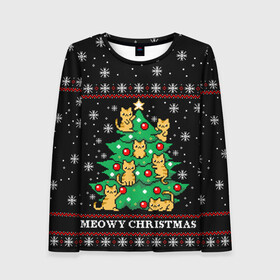 Женский лонгслив 3D с принтом MEOWY CHRISTMAS | 2022 в городе Новоалтайск, 100% полиэстер | длинные рукава, круглый вырез горловины, полуприлегающий силуэт | 2020 | 2021 | 2022 | christmas | meow | meowy christmas | merry | кот | леденец | мяу | нг | новогодний | новый год | олени | рождество | свитер | узоры