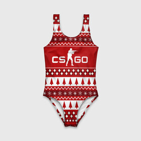 Детский купальник 3D с принтом Свитер CS GO. в городе Новоалтайск, Полиэстер 85%, Спандекс 15% | Слитный крой, подклад по переду изделия, узкие бретели | надпись | орнамент | полосы | фигура | человек