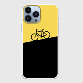 Чехол для iPhone 13 Pro Max с принтом Бегущий за велосипедом в городе Новоалтайск,  |  | Тематика изображения на принте: бег | бегущий | велосипед | велоспорт | гора | желтый | персонаж | цвета | человек | черный