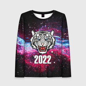 Женский лонгслив 3D с принтом ЧЁРНЫЙ ТИГР НОВЫЙ ГОД 2022   GRAY TIGER NEW YEAR в городе Новоалтайск, 100% полиэстер | длинные рукава, круглый вырез горловины, полуприлегающий силуэт | 2022 | beast | merry christmas | new year | red bow | santa hat | snow | tiger | winter | winter is coming | year of the tiger | год тигра | дед мороз | животные | звери | зверь | зима | зима 2022 | зима близко | новог | новогодни
