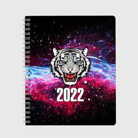 Тетрадь с принтом ЧЁРНЫЙ ТИГР НОВЫЙ ГОД 2022   GRAY TIGER NEW YEAR в городе Новоалтайск, 100% бумага | 48 листов, плотность листов — 60 г/м2, плотность картонной обложки — 250 г/м2. Листы скреплены сбоку удобной пружинной спиралью. Уголки страниц и обложки скругленные. Цвет линий — светло-серый
 | 2022 | beast | merry christmas | new year | red bow | santa hat | snow | tiger | winter | winter is coming | year of the tiger | год тигра | дед мороз | животные | звери | зверь | зима | зима 2022 | зима близко | новог | новогодни