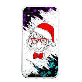 Чехол для iPhone XS Max матовый с принтом БЕЛЫЙ НОВОГОДНИЙ ТИГР 2022 в городе Новоалтайск, Силикон | Область печати: задняя сторона чехла, без боковых панелей | Тематика изображения на принте: 2022 | beast | merry christmas | new year | red bow | santa hat | snow | tiger | winter | winter is coming | year of the tiger | год тигра | дед мороз | животные | звери | зверь | зима | зима 2022 | зима близко | новог | новогодни