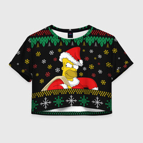 Женская футболка Crop-top 3D с принтом НОВОГОДНИЙ ГОМЕР СИМПСОН, SIMPSONS в городе Новоалтайск, 100% полиэстер | круглая горловина, длина футболки до линии талии, рукава с отворотами | Тематика изображения на принте: 2021 | 2022 | bart | christmas | homer | merry | merry christmas | new year | simpson | simpsons | snow | ugly chris | winter | барт | барт симпсон | гомер | гомер симпсон | зима | новогодний | новогодняя | новый год | рождественский | рожд