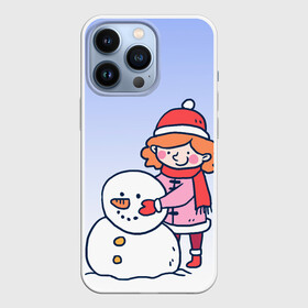 Чехол для iPhone 13 Pro с принтом Девочка лепит снеговика в городе Новоалтайск,  |  | Тематика изображения на принте: 2022 | девочка | зима | зимние забавы | милота | рисунок | снег | снеговик | снежок | холод