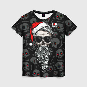 Женская футболка 3D с принтом Santa from Hell в городе Новоалтайск, 100% полиэфир ( синтетическое хлопкоподобное полотно) | прямой крой, круглый вырез горловины, длина до линии бедер | beard | christmas | hipster | new year | red cap | red eyes | santa claus | santa from hell | skulls | борода | дед мороз | красные глаза | красный колпак | новый год | рождество | санта из ада | санта клаус | хипстер | черепа