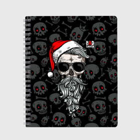 Тетрадь с принтом Santa from Hell в городе Новоалтайск, 100% бумага | 48 листов, плотность листов — 60 г/м2, плотность картонной обложки — 250 г/м2. Листы скреплены сбоку удобной пружинной спиралью. Уголки страниц и обложки скругленные. Цвет линий — светло-серый
 | Тематика изображения на принте: beard | christmas | hipster | new year | red cap | red eyes | santa claus | santa from hell | skulls | борода | дед мороз | красные глаза | красный колпак | новый год | рождество | санта из ада | санта клаус | хипстер | черепа