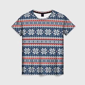 Женская футболка 3D с принтом Knitted Christmas Pattern в городе Новоалтайск, 100% полиэфир ( синтетическое хлопкоподобное полотно) | прямой крой, круглый вырез горловины, длина до линии бедер | christmas | holiday | knitted pattern | new year | pattern | snowflakes | texture | вязаный узор | новый год | праздник | рождество | снежинки | текстура | узор