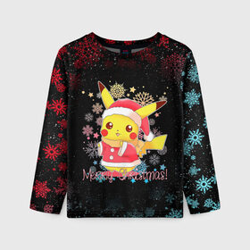 Детский лонгслив 3D с принтом MERRY CHRISTMAS ПИКАЧУ 2022   ПОКЕМОНЫ в городе Новоалтайск, 100% полиэстер | длинные рукава, круглый вырез горловины, полуприлегающий силуэт
 | 2022 | animals | new year 2022 | pika | pika pika | pikachu | pokemon | детектив пикачу | животные | звери | новогодний пикачу | новый год | новый год 2022 | пика | пикачу | покемон