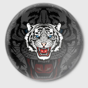 Значок с принтом ЧЁРНЫЙ ТИГР | BLACK TIGER УЗОР в городе Новоалтайск,  металл | круглая форма, металлическая застежка в виде булавки | 2022 | beast | merry christmas | new year | red bow | santa hat | snow | tiger | winter | winter is coming | year of the tiger | год тигра | дед мороз | животные | звери | зверь | зима | зима 2022 | зима близко | новог | новогодни