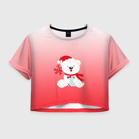 Женская футболка Crop-top 3D с принтом Белый мишка с подарком в городе Новоалтайск, 100% полиэстер | круглая горловина, длина футболки до линии талии, рукава с отворотами | белый мишка | градиент | зима | коробочка | медведь | милота | нейтральный | новый год | подарок | полярный мишка | рисунок | снежинка | сюрприз | шапочка
