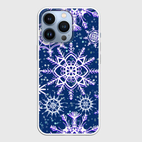 Чехол для iPhone 13 Pro с принтом Белые снежинки на темно синем фоне в городе Новоалтайск,  |  | Тематика изображения на принте: белое на темном | белые снежинки | зима | зимний мотив | зимний паттерн | зимний узор | зимняя | падают снежинки | паттерн снежинки | снег | снегопад | снежинки | снежная | темно синий