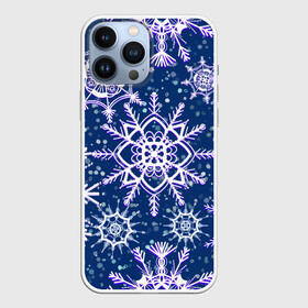Чехол для iPhone 13 Pro Max с принтом Белые снежинки на темно синем фоне в городе Новоалтайск,  |  | Тематика изображения на принте: белое на темном | белые снежинки | зима | зимний мотив | зимний паттерн | зимний узор | зимняя | падают снежинки | паттерн снежинки | снег | снегопад | снежинки | снежная | темно синий