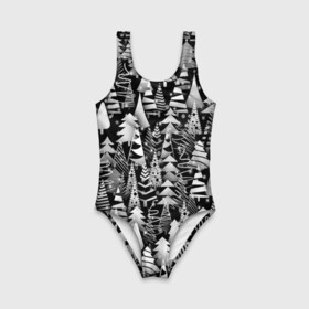 Детский купальник 3D с принтом Лес абстрактных ёлок в городе Новоалтайск, Полиэстер 85%, Спандекс 15% | Слитный крой, подклад по переду изделия, узкие бретели | абстракция | ёлка | ель | лес | новогодний | новый год | паттерн | рождество | снег | снежинки | чернобелый