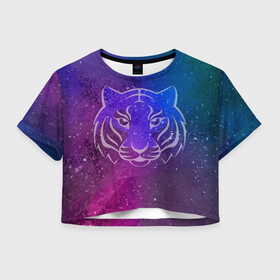 Женская футболка Crop-top 3D с принтом Космический тигр COSMO в городе Новоалтайск, 100% полиэстер | круглая горловина, длина футболки до линии талии, рукава с отворотами | tiger | восточный тигр | год тигра | космический | космос | кошка | тигр | тигренок | хищник