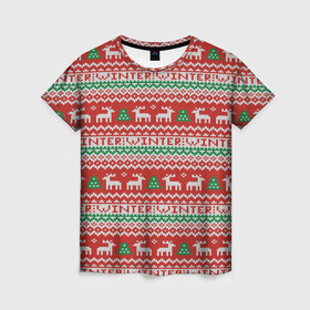 Женская футболка 3D с принтом Deer Christmas Pattern в городе Новоалтайск, 100% полиэфир ( синтетическое хлопкоподобное полотно) | прямой крой, круглый вырез горловины, длина до линии бедер | background | christmas | christmas pattern | deer | herringbone | holiday | knitted pattern | new year | pattern | texture | tree | вязаный узор | елка | елочка | новогодний узор | новый год | олени | паттерн | праздник | рождество | текстура | узор | фон