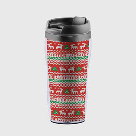 Термокружка-непроливайка с принтом Deer Christmas Pattern в городе Новоалтайск, внутренняя часть — пищевой пластик, наружная часть — прозрачный пластик, между ними — полиграфическая вставка с рисунком | объем — 350 мл, герметичная крышка | Тематика изображения на принте: background | christmas | christmas pattern | deer | herringbone | holiday | knitted pattern | new year | pattern | texture | tree | вязаный узор | елка | елочка | новогодний узор | новый год | олени | паттерн | праздник | рождество | текстура | узор | фон