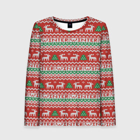 Женский лонгслив 3D с принтом Deer Christmas Pattern в городе Новоалтайск, 100% полиэстер | длинные рукава, круглый вырез горловины, полуприлегающий силуэт | background | christmas | christmas pattern | deer | herringbone | holiday | knitted pattern | new year | pattern | texture | tree | вязаный узор | елка | елочка | новогодний узор | новый год | олени | паттерн | праздник | рождество | текстура | узор | фон