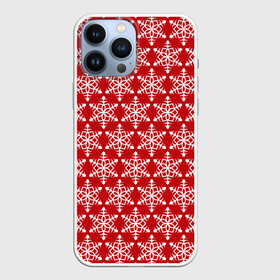 Чехол для iPhone 13 Pro Max с принтом Снежинки (белые на красном) мелкий принт в городе Новоалтайск,  |  | Тематика изображения на принте: christmas | new year | snowflakes | зима | зимний | красный | новогодний | новый год | орнамент | паттерн | праздник | праздничный | принт | рождественский | рождество | снег | снежинки | узор