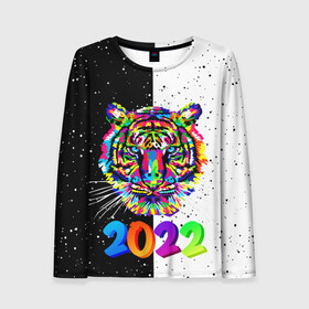 Женский лонгслив 3D с принтом НОВЫЙ ГОД 2022   НОВОГОДНИЙ ТИГР   ПОП АРТ   POP ART в городе Новоалтайск, 100% полиэстер | длинные рукава, круглый вырез горловины, полуприлегающий силуэт | 2021 | 2022 | happy new year | merry christmas | new year | snow | tiger | winter | year of the tiger | год тигра | зверь | зима | новогоднее настроение | новогодние праздники | новый год | рождество | символ года | синий тигр | снег | хищн