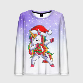 Женский лонгслив 3D с принтом Xmas Unicorn Dabbing   Рождественский Единорог Даб в городе Новоалтайск, 100% полиэстер | длинные рукава, круглый вырез горловины, полуприлегающий силуэт | christmas | dabbing | santa | unicorn | даббинг | дед мороз | единорог | зима | новый год | радуга | радужный | рождество | санта | снег | снежинка | юникорн