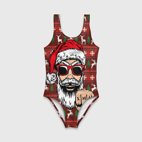 Детский купальник 3D с принтом Bad Santa Плохой Санта в городе Новоалтайск, Полиэстер 85%, Спандекс 15% | Слитный крой, подклад по переду изделия, узкие бретели | 2022 | год тигра | новый год | новый год 2022 | символ года | тигр | тигренок | тигрица | тигры