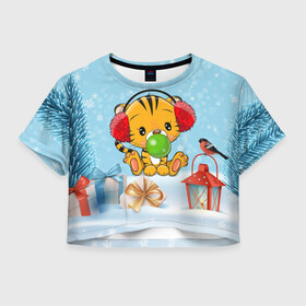 Женская футболка Crop-top 3D с принтом Тигренок жует жвачку в городе Новоалтайск, 100% полиэстер | круглая горловина, длина футболки до линии талии, рукава с отворотами | 2022 | год тигра | новый год | новый год 2022 | символ года | тигр | тигренок | тигрица | тигры