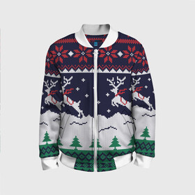 Детский бомбер 3D с принтом СВИТЕР С ОЛЕНЯМИ DEER SWEATER в городе Новоалтайск, 100% полиэстер | застегивается на молнию, по бокам два кармана без застежек, мягкие манжеты, по низу бомбера и на воротнике — эластичная резинка | 2022 | christmas | cold | deer | merry | new | snow | winter | year | буря | вязаный | год | елка | елки | ель | зима | лес | метель | мороз | новый | олени | олень | оленями | рождество | с | свитер | снег | снежинка | снежинки | холод