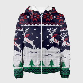 Женская куртка 3D с принтом СВИТЕР С ОЛЕНЯМИ DEER SWEATER в городе Новоалтайск, ткань верха — 100% полиэстер, подклад — флис | прямой крой, подол и капюшон оформлены резинкой с фиксаторами, два кармана без застежек по бокам, один большой потайной карман на груди. Карман на груди застегивается на липучку | 2022 | christmas | cold | deer | merry | new | snow | winter | year | буря | вязаный | год | елка | елки | ель | зима | лес | метель | мороз | новый | олени | олень | оленями | рождество | с | свитер | снег | снежинка | снежинки | холод